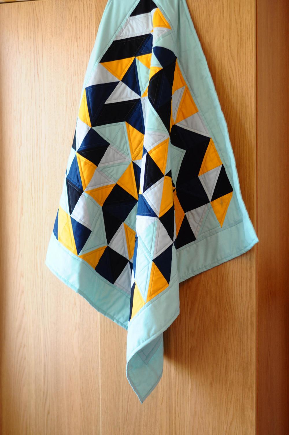 Baby Quilt - Blue & Yellow Geometric - "joy Discover Invention"