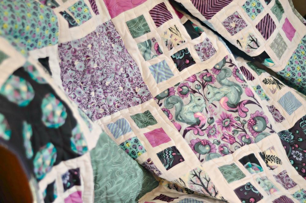 Lap / Throw Quilt - Lilac Pink & Blue Patchwork - "the Birds & The Bees"