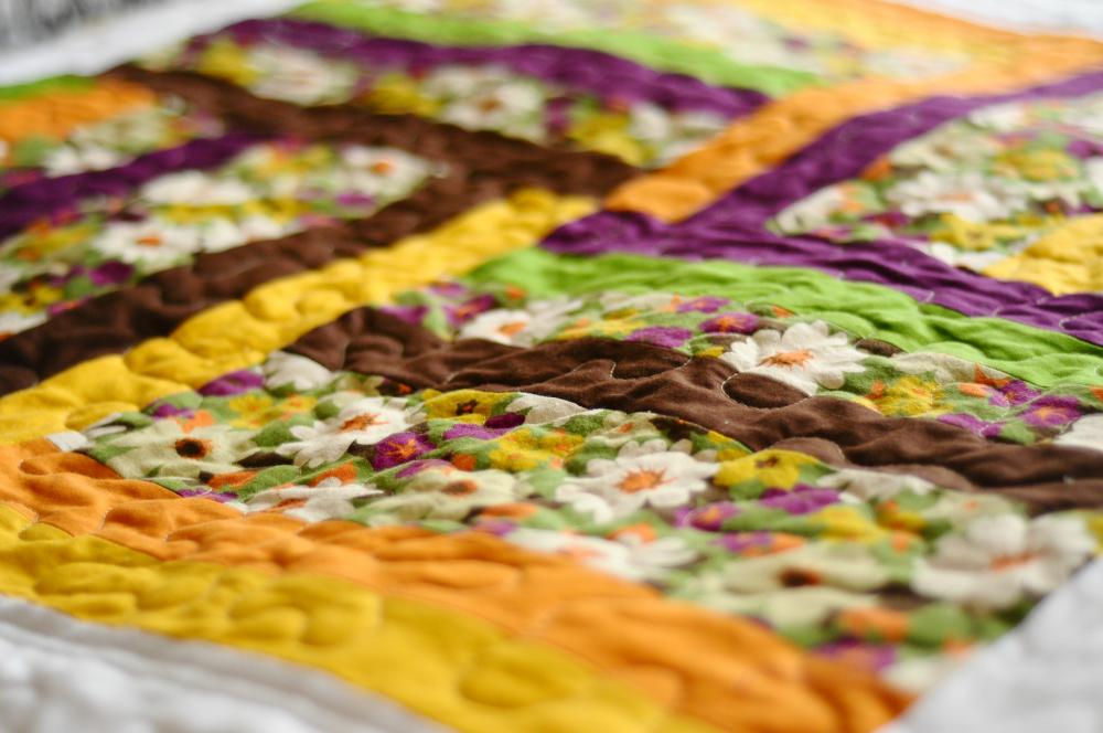 Baby Quilt Retro Green, Yellow, Orange, Purple Patchwork "ariel" on