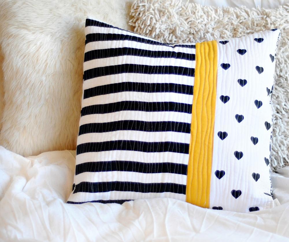 Cushion - Quilted Pillow - Black White And Yellow - "sunny Road"