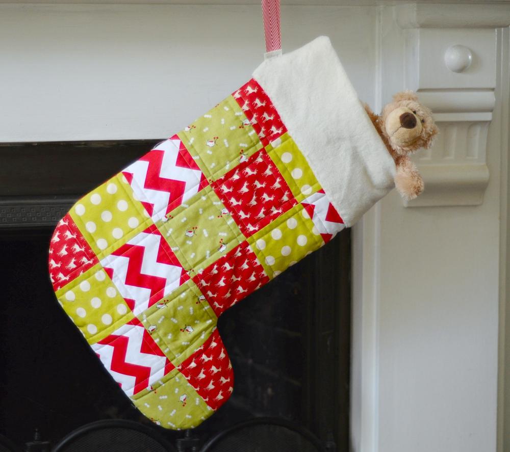 Stocking - Patchwork Stocking - Red And Green - "run Rudolph Run"